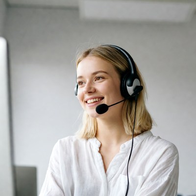 Smiling woman wearing headset