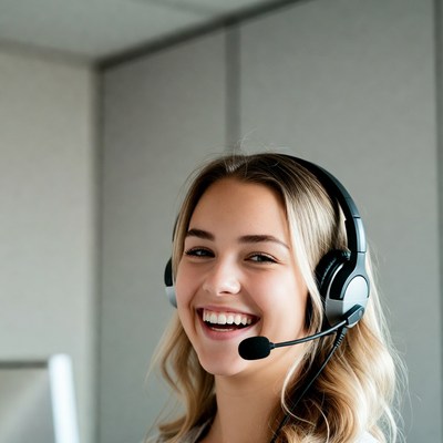 Smiling woman wearing headset