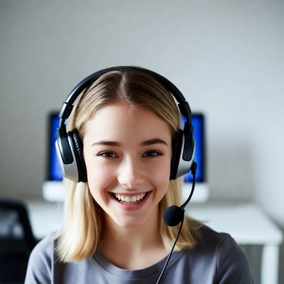 Smiling woman wearing headset