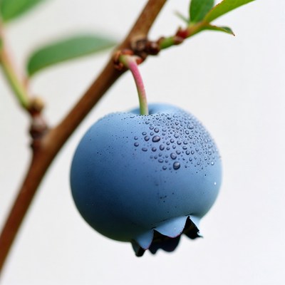 Dew-covered blueberry on branch