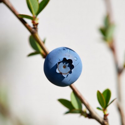 Blueberry on branch with water droplets
