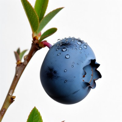 Dew-covered blueberry on branch