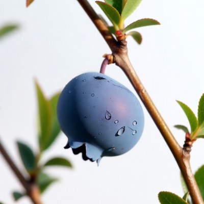 Dew-covered blueberry on branch