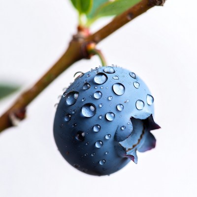 Dew-covered blueberry on branch