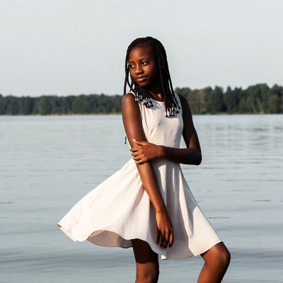 African girl in white dress by lake