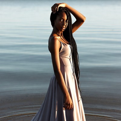 African-American woman in dress by lake