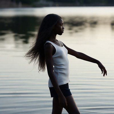 Black girl walking in lake water