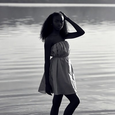African-American girl in dress by lake