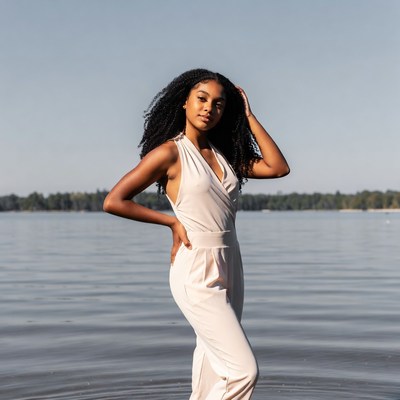 African-American woman in white jumpsuit by lake