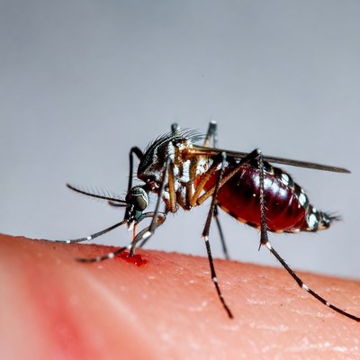 Mosquito biting human finger