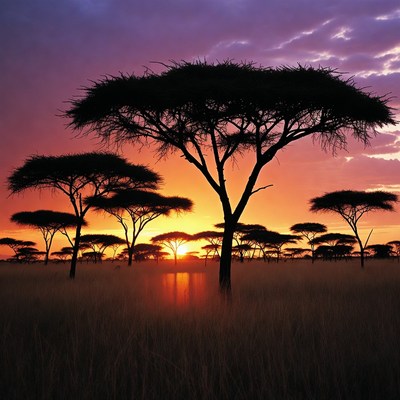 Acacia Trees at African Savanna Sunset
