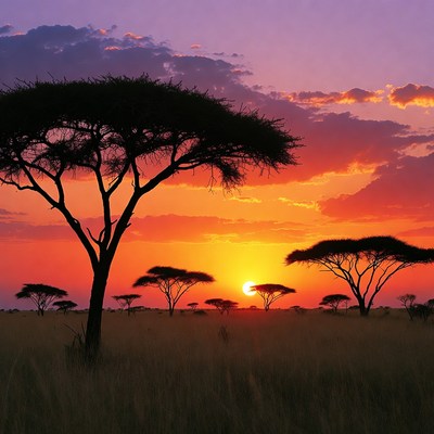 Acacia Trees at African Savanna Sunset