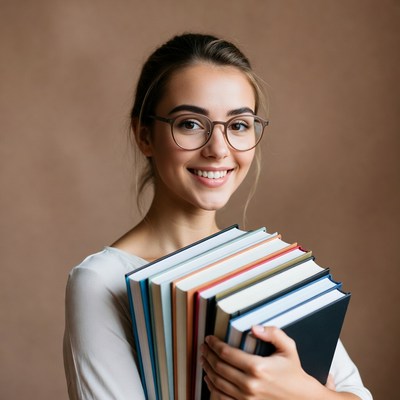 Smiling woman holding stack of books