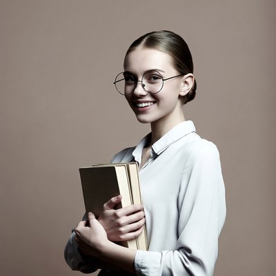 Young woman holding books with glasses