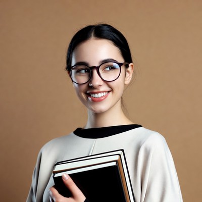 Smiling Asian woman holding books