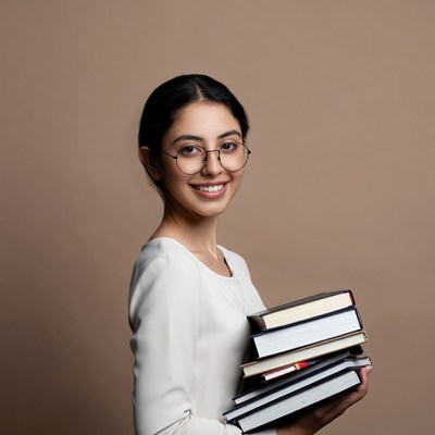 Smiling woman holding stack of books
