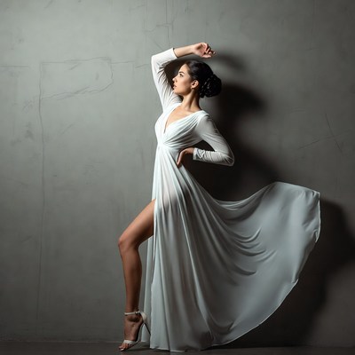 Woman in flowing white dress posing