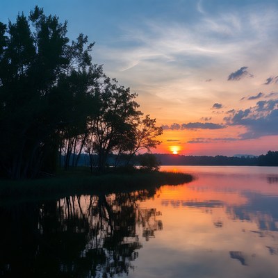 Sunset over lake with trees