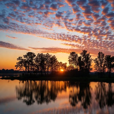 Sunset over lake with silhouetted trees