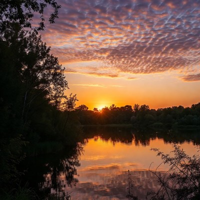 Sunset over lake with trees