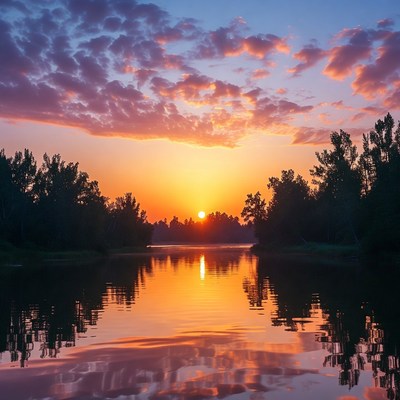 Sunset over lake with trees