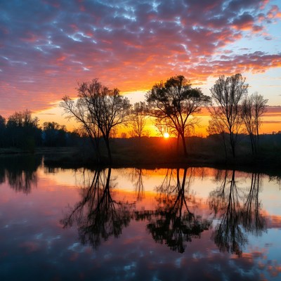 Sunset over lake with trees reflection