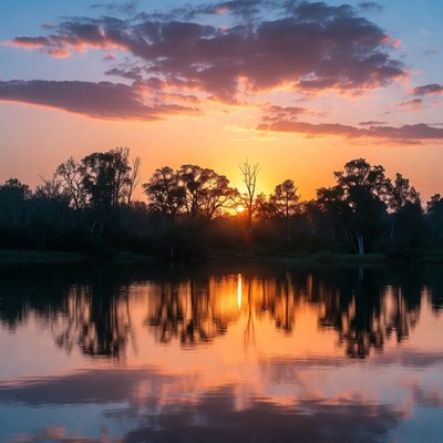 Sunset over lake with trees reflection