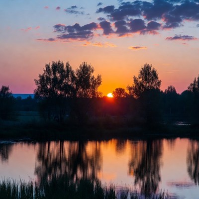 Sunset over lake with trees