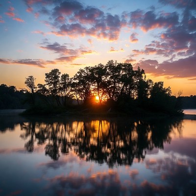 Sunset over island trees reflection