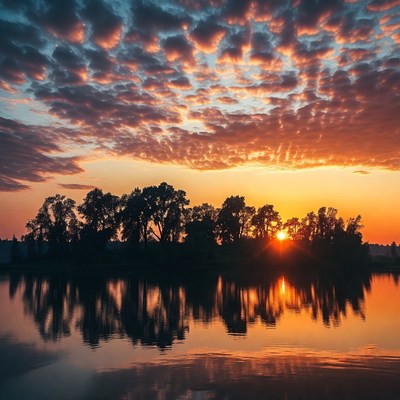 Sunset over lake with trees reflection