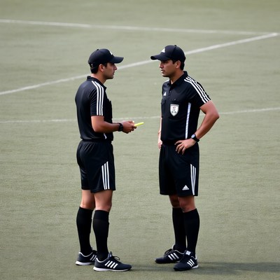 Two male soccer referees talking on field