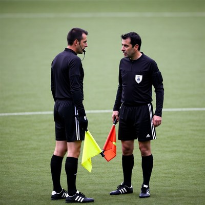 Two male soccer referees holding flags