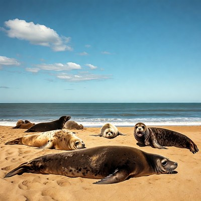 Harbor seals lounging on beach