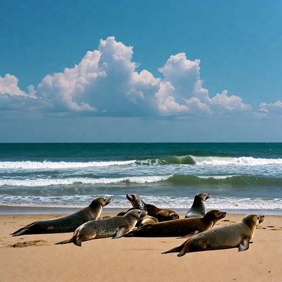 Group of seals on beach
