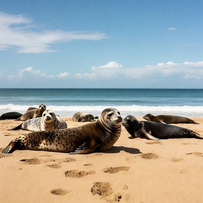 Harbor Seals Lounging on Beach
