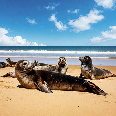 Harbor Seals Lounging on Beach