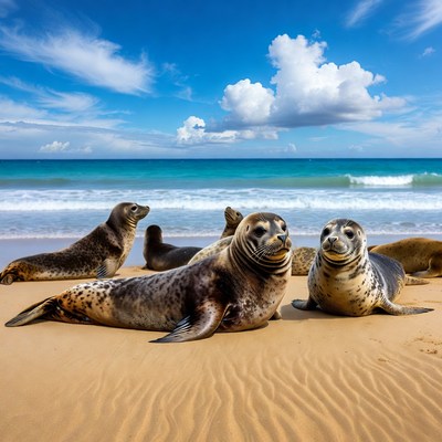 Harbor seals lounging on beach
