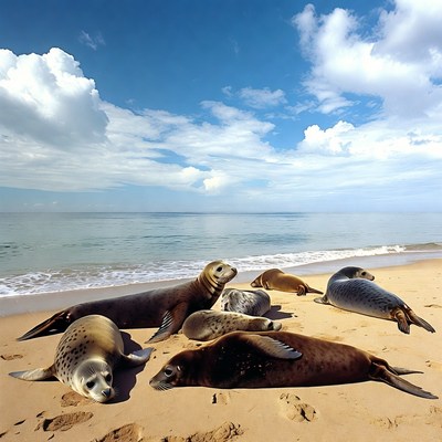Harbor seals lounging on beach