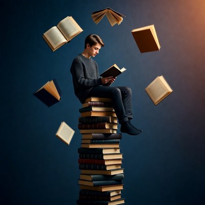 Boy reading atop floating books stack