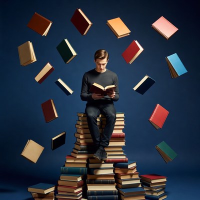 Young man reading atop book stack