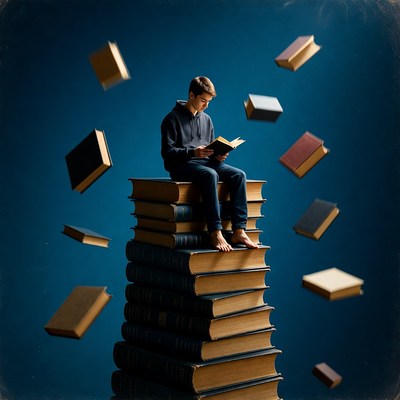 Boy reading atop floating books