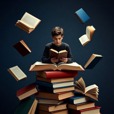 Boy reading surrounded by floating books
