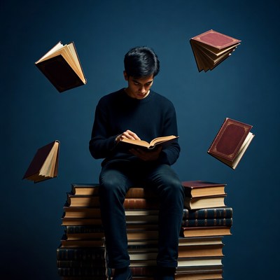 Asian man reading amid floating books