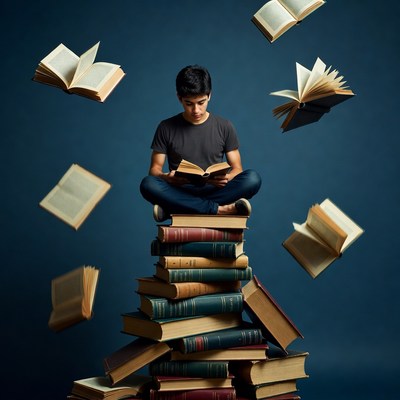 Boy reading atop stack of flying books