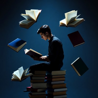 Young man reading surrounded by floating books