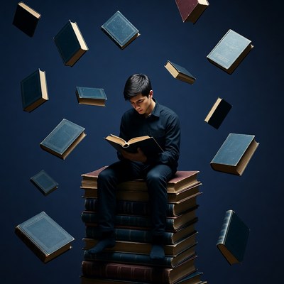 Young man reading on stack of floating books