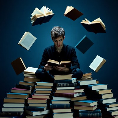 Young man reading atop floating books