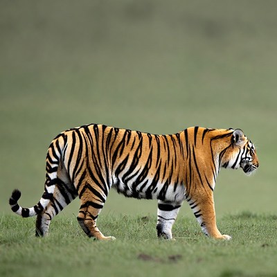 Tiger walking in green grass