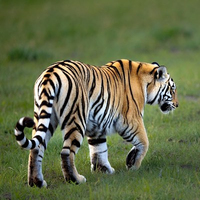 Tiger walking in green grass