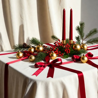 Christmas table with red candles and gold ornaments